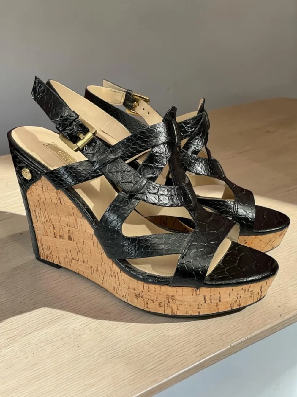 Guess Black Faux-Snakeskin Cork Wedge Sandals